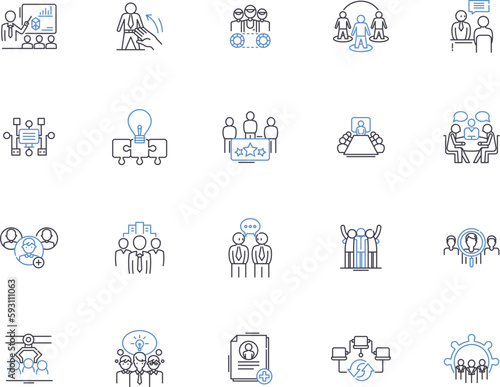 Conference outline icons collection. Meeting, Event, Gathering, Seminar, Summit, Forum, Retreat vector and illustration concept set. Assembly, Symposium, Expo linear signs photo