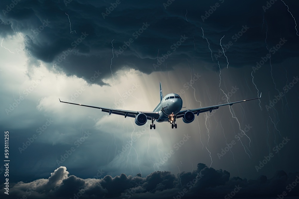 High in the Sky: An Airplane Braving a Dark and Dangerous Thunderstorm. Generative AI High in the Sky: An Airplane Braving a Dark and Dangerous Thunderstorm. Generative AI