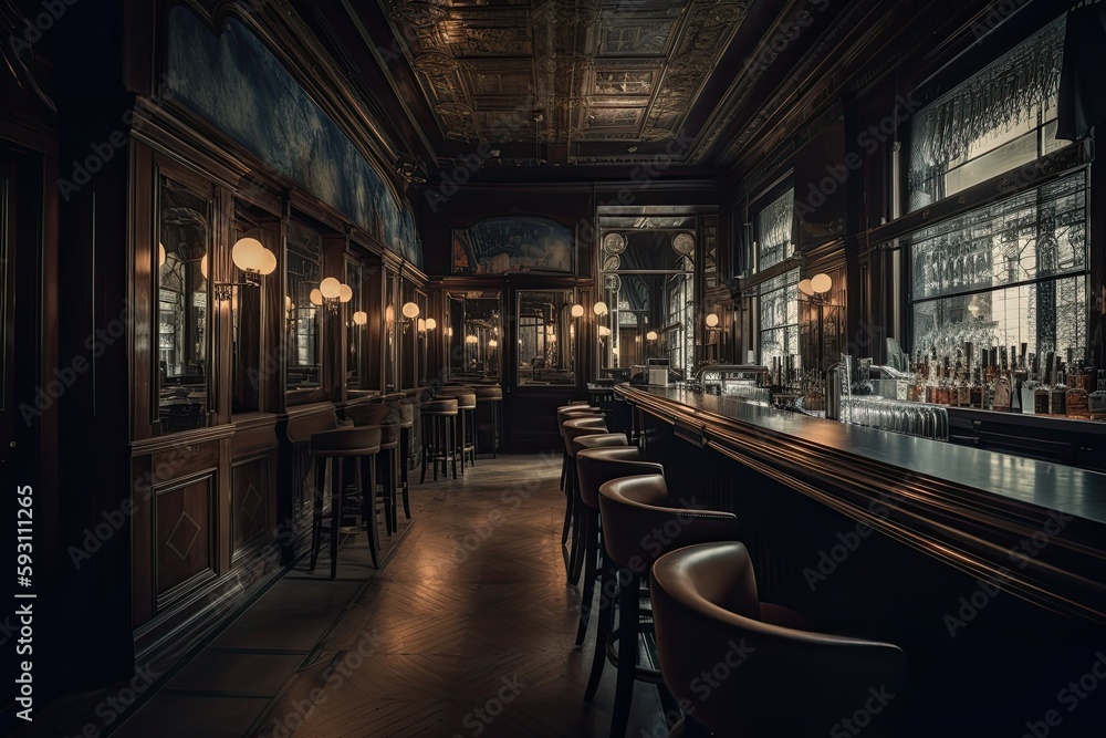 An Old-Fashioned Bar: Admiring the Classic Architecture, Furniture, and Lighting of a Classic Lounge, Generative AI