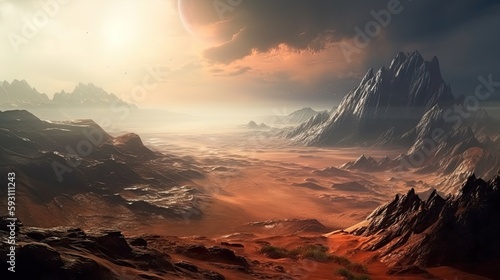 Epic Imaginary Journey of a Dangerous Climate: Panoramic View of a Martian Sci-Fi Landscape. Generative AI © AIGen