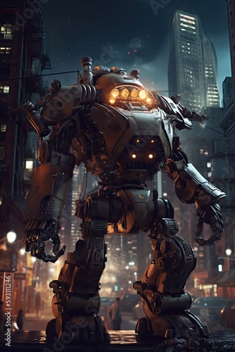 Futuristic Warrior in a Sci-Fi City at Night: A Steampunk Metal Robot Engineering Energy: Generative AI © AIGen