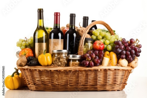 wicker basket filled with a variety of fresh fruits and veggies and other supplies. Generative AI