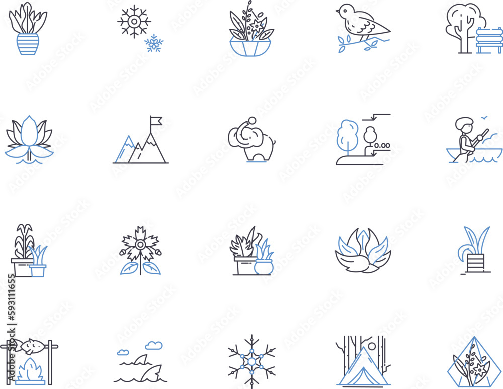 Nature outline icons collection. Nature, Wilderness, Outdoors, Environment, Landscape, Sky, Plants vector and illustration concept set. Trees, Animals, Ecology linear signs