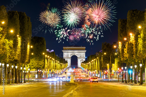 Photography Arc De Triomphe with fireworks display n Paris. France