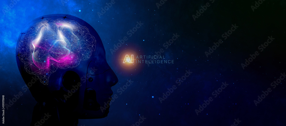 Fototapeta premium Robot head with glowing AI icon on future virtual background. Artificial intelligence, machine learning concept, digital chatbot, big data, cloud computing, computer network and innovation technology