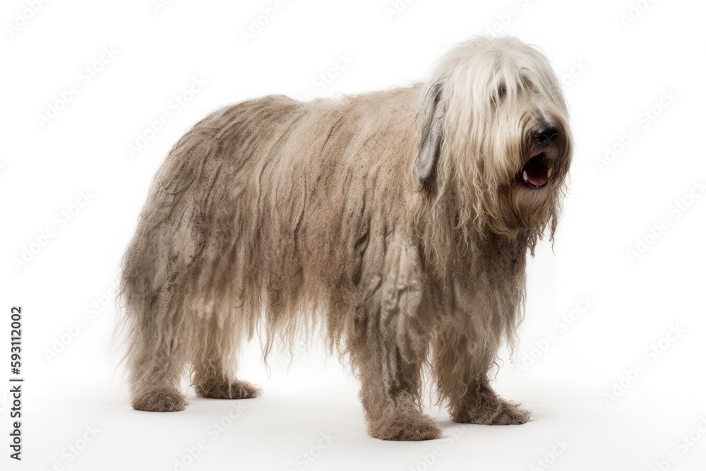 a white-framed sheepdog in Catalonia with fur. alone in front of a white background. Generative AI