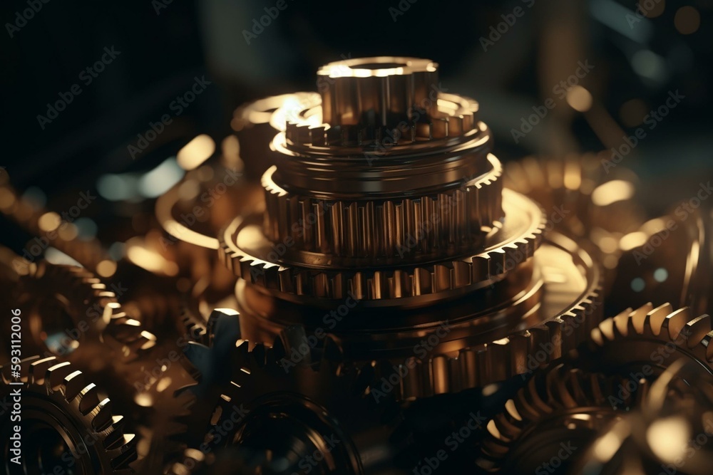 Mechanical Gears Slowly Rotating. Golden Colored Gear On Center