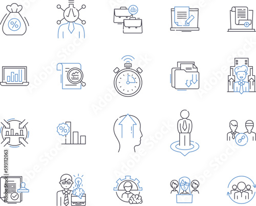 Corporation outline icons collection. Company, Entity, Business, Conglomerate, Organization, Group, Multinational vector and illustration concept set. Conglomeration, Firm, Joint-Stock linear signs