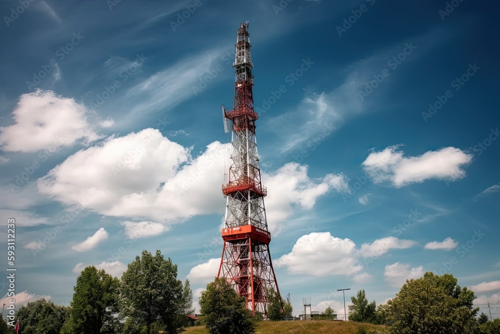 A red and white communications tower with many antennas is seen under a blue sky and clouds. Generative AI
