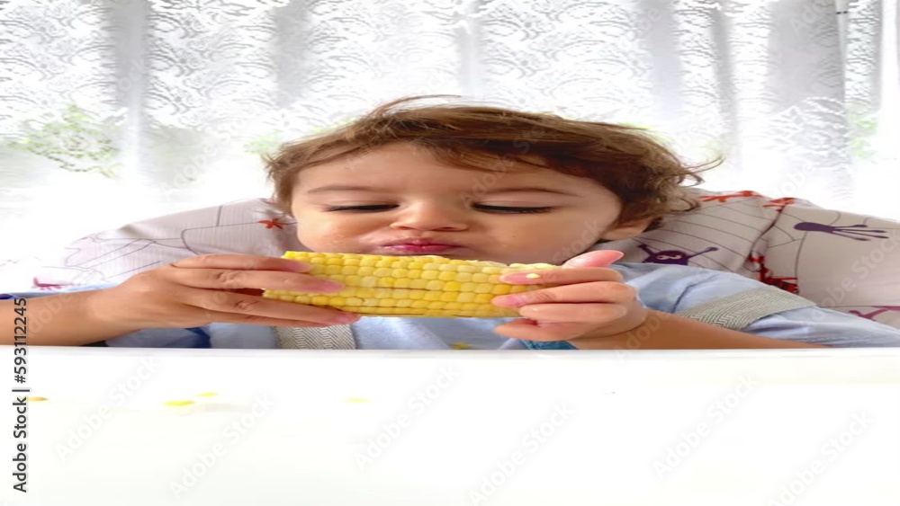 Baby eating corn with both hands on the cob, concentrated on food and with a lot of appetite. Mention of healthy eating for children, care for parents with choking and possible problems with meals. Baby eating corn with both hands on the cob, concentrated on food and with a lot of appetite. Mention of healthy eating for children, care for parents with choking and possible problems with meals.
