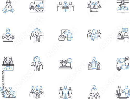Corporative people outline icons collection. Corp, People, Employees, Colleagues, Executives, Managers, Professionals vector and illustration concept set. Workers, Teams, Departmental linear signs