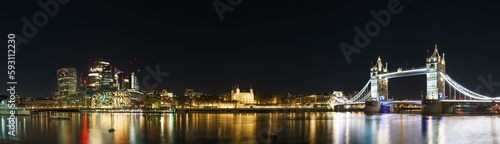 Photography Landmarks of London panorama at night including Financial district, Tower of Lon