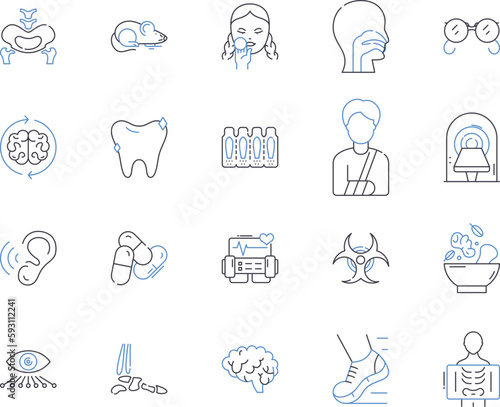 Health treatment outline icons collection. Therapy, Care, Healing, Prevention, Cure, Remedy, Medication vector and illustration concept set. Treatment, Surgery, Rehabilitation linear signs