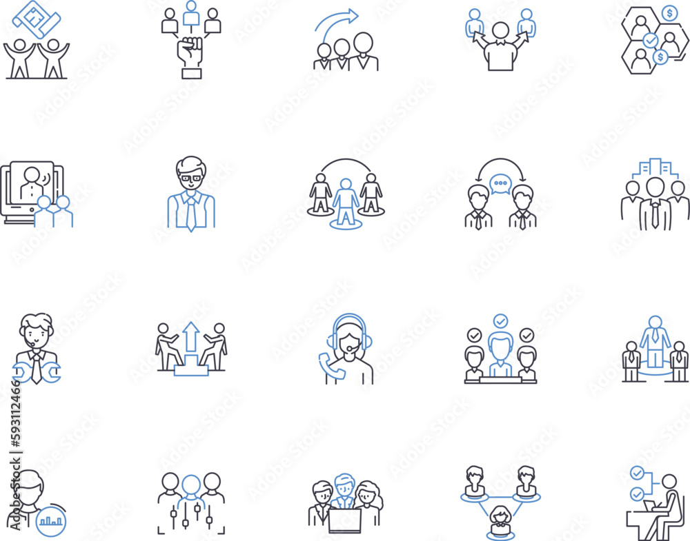 Executive management outline icons collection. Executives, Management, Leadership, Strategy, Decisions, Planning, Policies vector and illustration concept set. Supervision, Motivation, Control linear