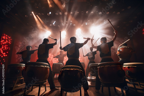 Taiko drummers on stage, traditional japanese drumming performance, AI generative illustration