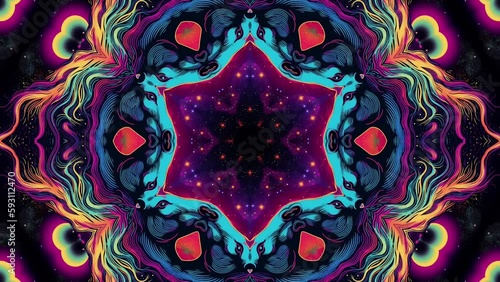 Unicorn abstract kaleidescope neon magic short animated clips for vj dj background music visualizer, weird alpha layer, trippy montage illustrated retro mirrored swirling animation