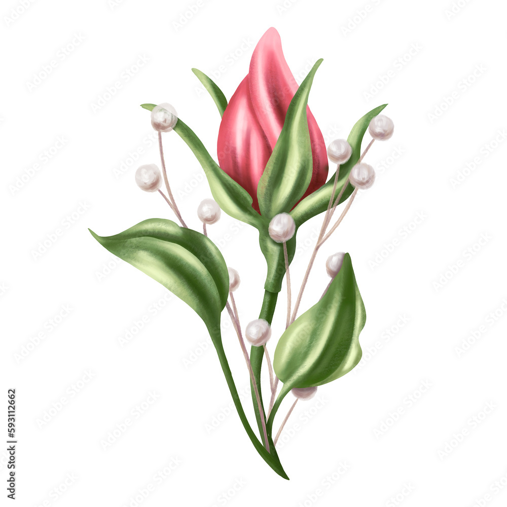 An elegant composition of a rosebud, leaves and dried decorative flowers in watercolor style. Digital illustration on a white background. For invitations, date saving, gratitude or greeting card An elegant composition of a rosebud, leaves and dried decorative flowers in watercolor style. Digital illustration on a white background. For invitations, date saving, gratitude or greeting card