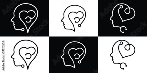 Mental health, psychological help, psychiatry logo therapy course vector line icon illustration