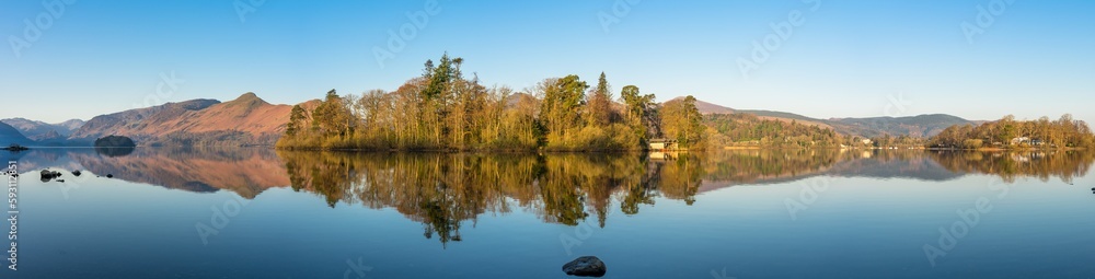 Derwentwater lake panorama with reflection