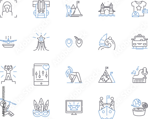 Travel agency outline icons collection. Travel, Agency, Tour, Vacation, Trip, Holiday, Explore vector and illustration concept set. Sightseeing, Package, Leisure linear signs