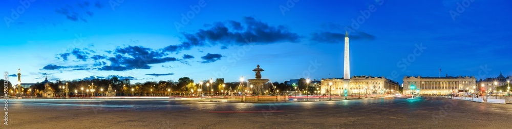Place de la Concorde panorama with the Luxor Egyptian Obelisk in Paris. France