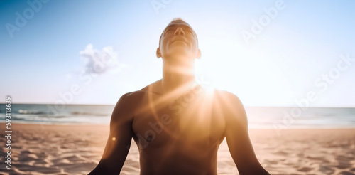 Relaxed man  meditating while sitting on the beach at sunset. digital ai art 