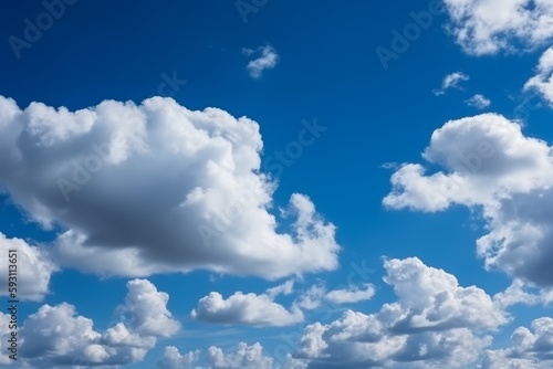 Serene Blue Sky with Fluffy Clouds Background, Generative AI