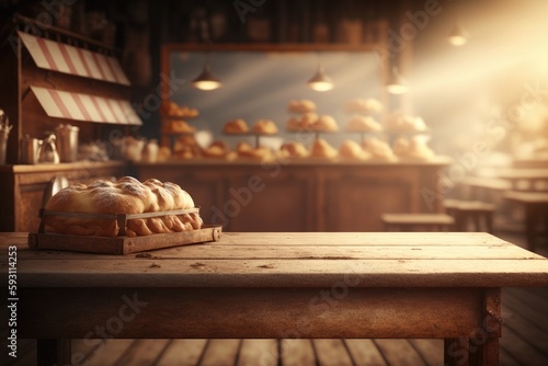 a wooden desk that is empty with a hazy bakery business background. Generative AI