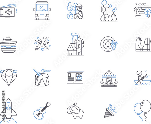 Travel and active people outline icons collection. Travellers, Active, Adventurers, Explorers, Trekkers, Hikers, Nomads vector and illustration concept set. Wanderers, Journeyers, Excursionists linear