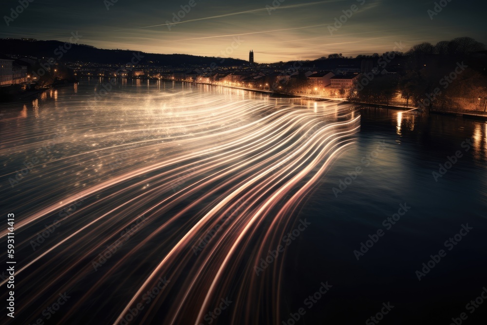 An abstract digital wave covering a river in a nocturnal megacity represents the Internet of Things and wireless connectivity in a smart city concept. Generative AI