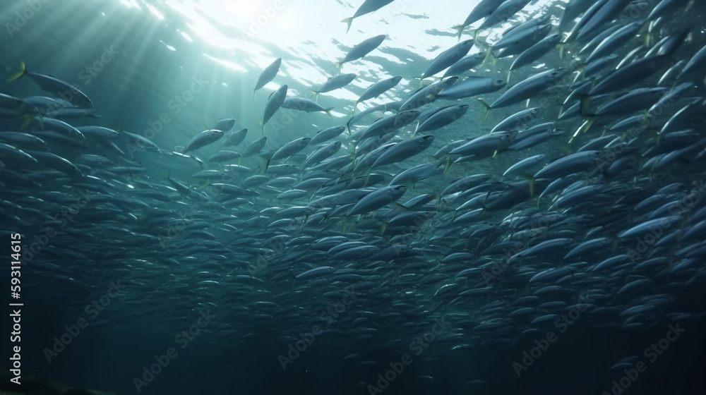 School of fish swimming under water of sea. School sardinella fish swims in underwater