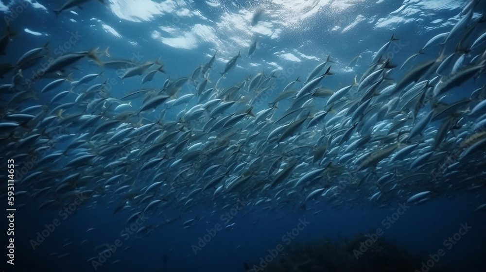 Fototapeta premium School of fish swimming under water of sea. School sardinella fish swims in underwater