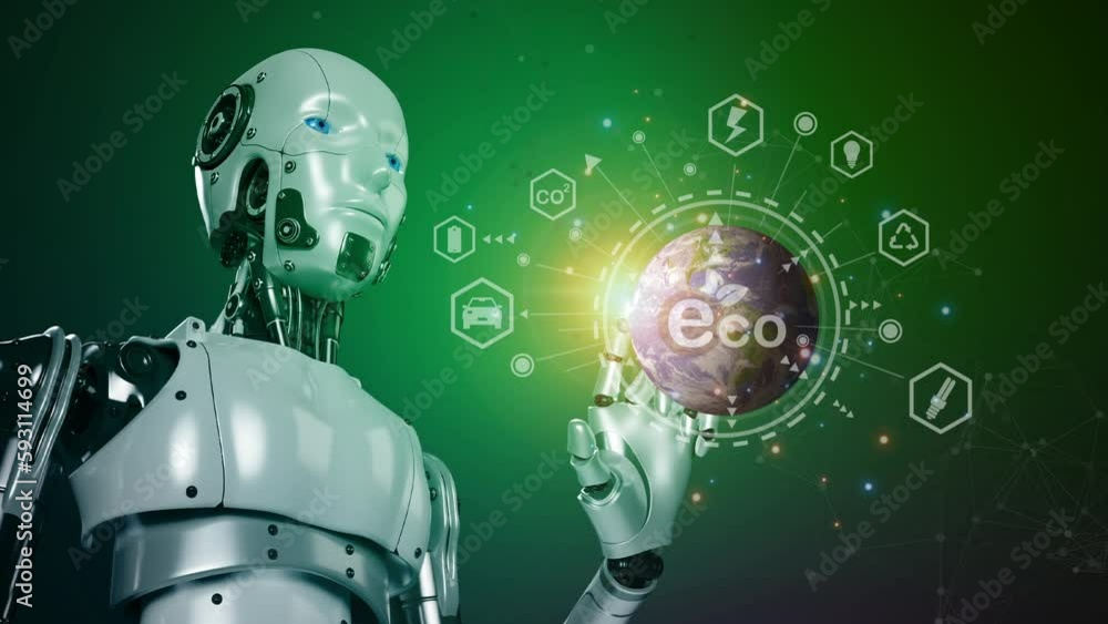 Robot touching global with ECO icon, eco friendly protecting environmental world with AI technology machine learning research preservation nature of life, Artificial Intelligence and ecology concept. Robot touching global with ECO icon, eco friendly protecting environmental world with AI technology machine learning research preservation nature of life, Artificial Intelligence and ecology concept.
