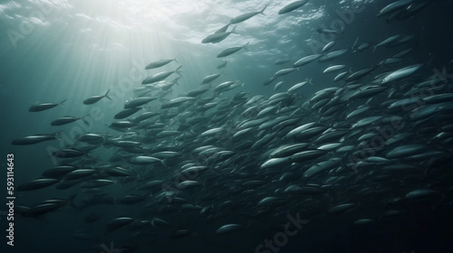 School of fish swimming under water of sea. School sardinella fish swims in underwater © Jesus From Baku