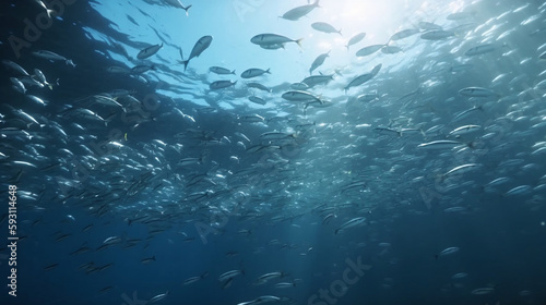 School of fish swimming under water of sea. School sardinella fish swims in underwater
