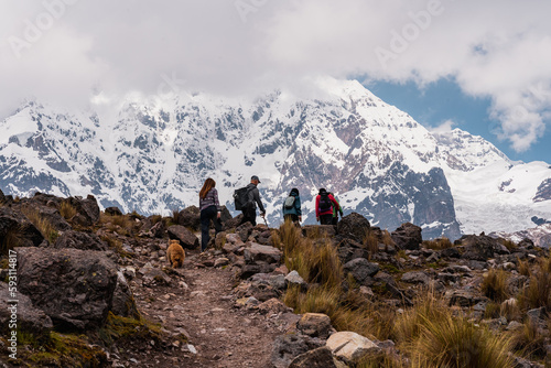 Nevado de Ausangate, Cuzco, Peru, Photo of the snow-capped mountain Ausangate at a beautiful day with a blue sky, with alpacas and puddles of water.
