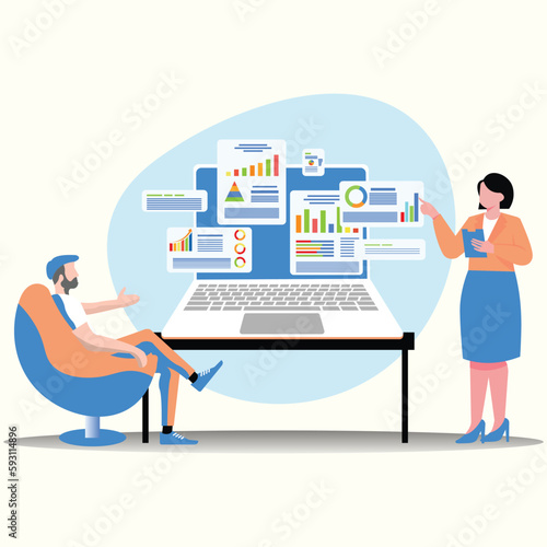 SEO vector illustration of data analysis, web optimization. Small people and laptop screen with data analysis graphs and charts.