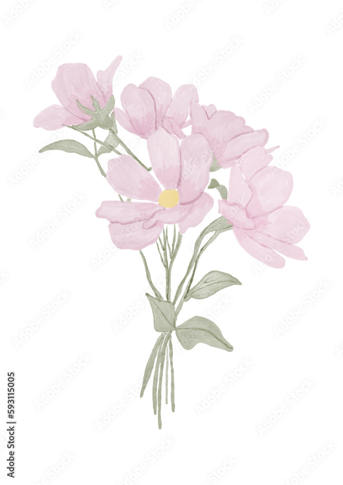 Bouquet of pink flowers. Illustration of bouquet of flowers without background