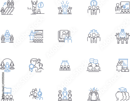 Negotiations outline icons collection. Negotiating, Discussions, Dialogue, Settlement, Arranging, Compromise, Mediation vector and illustration concept set. Bargaining, Consultations, Convincing