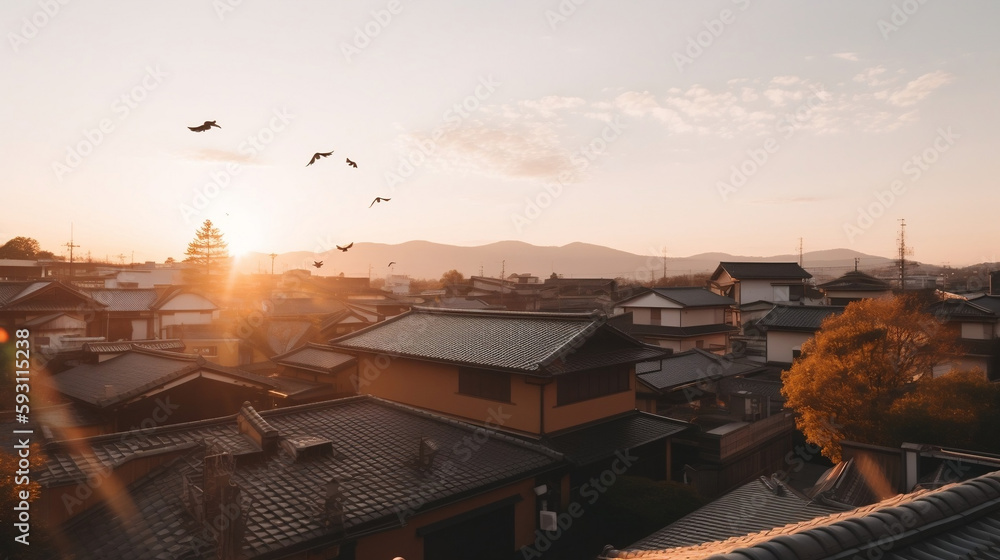 sunset over a traditional Japanese city