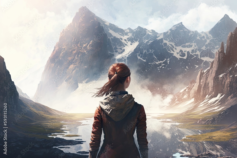 A young woman contemplating the horizon while standing in front of massive mountains on a sunny day. Generative AI