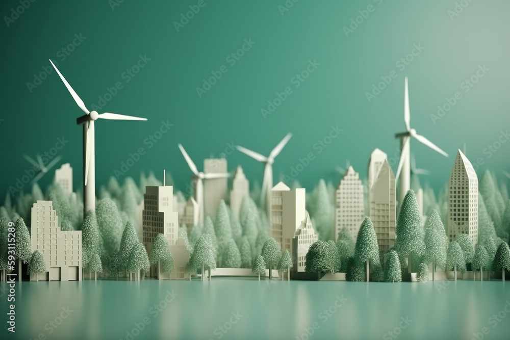 Environmental green energy city with zero carbon emision. Green concept paper cut design. Generative Ai - obrazy, fototapety, plakaty 