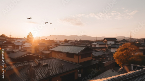 sunset over a traditional Japanese city