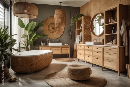 Canvas Print A serene tropical oasis, this bathroom is filled with bamboo accents and woven t