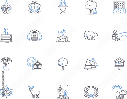 Nature outline icons collection. Nature, Wilderness, Outdoors, Environment, Landscape, Sky, Plants vector and illustration concept set. Trees, Animals, Ecology linear signs