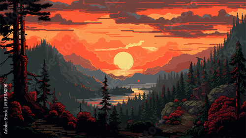 8-bit Mountain Valley Sunset landscape