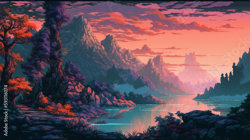 8-bit Mountain Valley Sunset landscape © Wesley