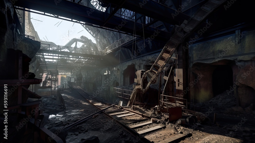 Abandoned, forgotten coal mine, old damaged tonnels, daylight. AI generative industrial interior.