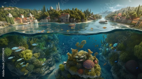 Photo of clear underwater sea life and beautiful coastal town island in the background. Under the water is a hyperdetailed marine life, coral reef with many fish and shells. AI generated photo.