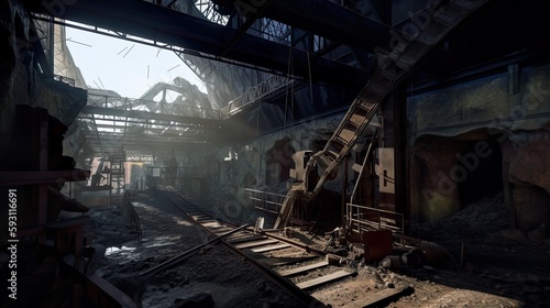 Abandoned  forgotten coal mine  old damaged tonnels  daylight. AI generative industrial interior.